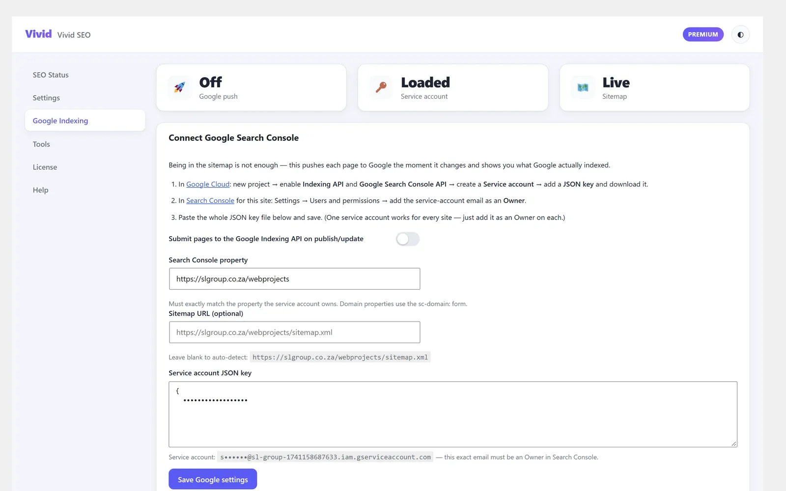 Vivid SEO plugin connected to Google Search Console