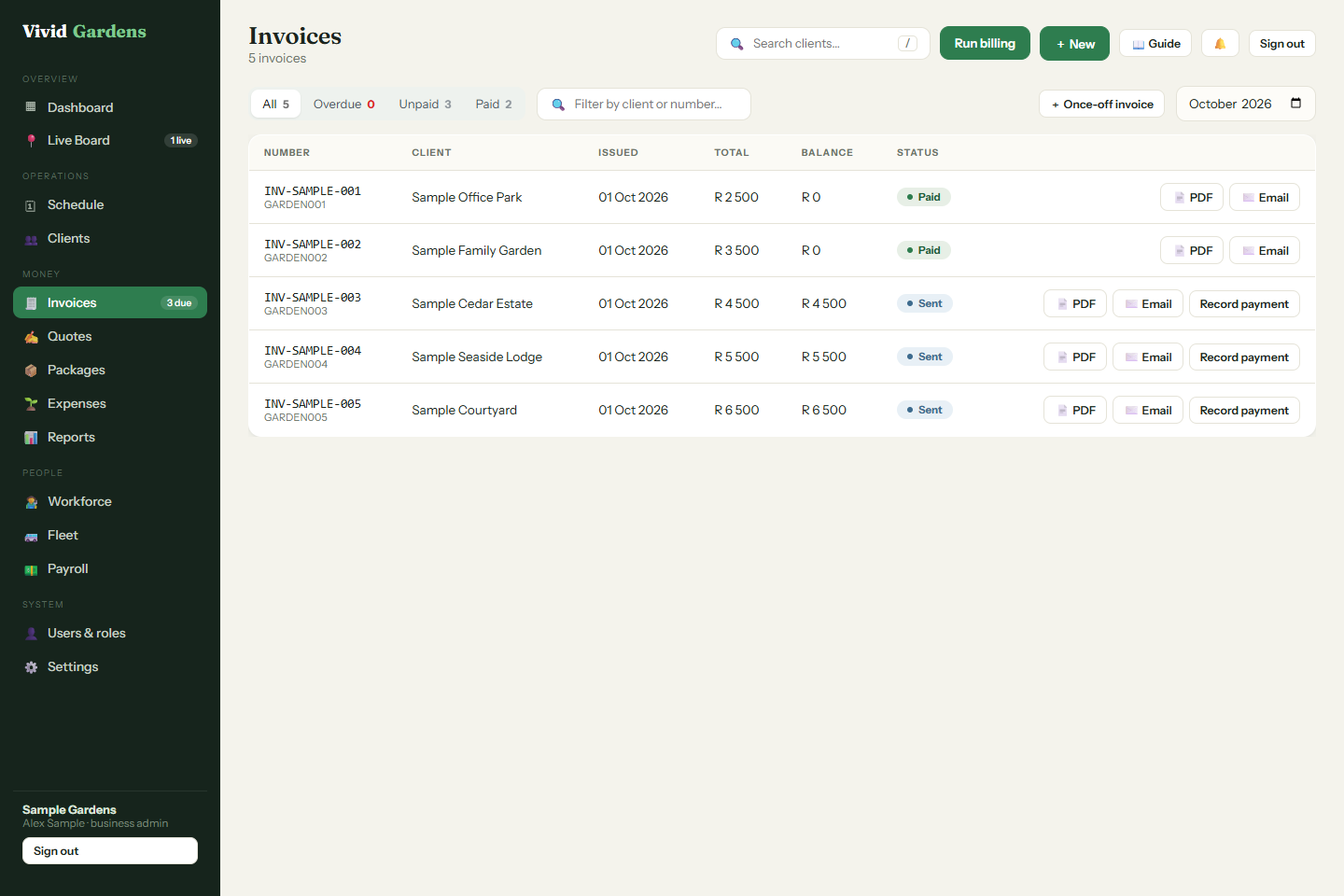 Invoice filters and monthly billing in Vivid Gardens with sample data