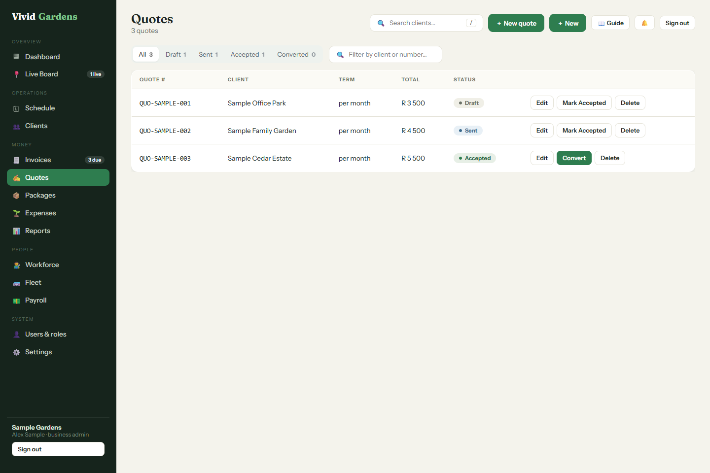 Quotes that become recurring work in Vivid Gardens with sample data