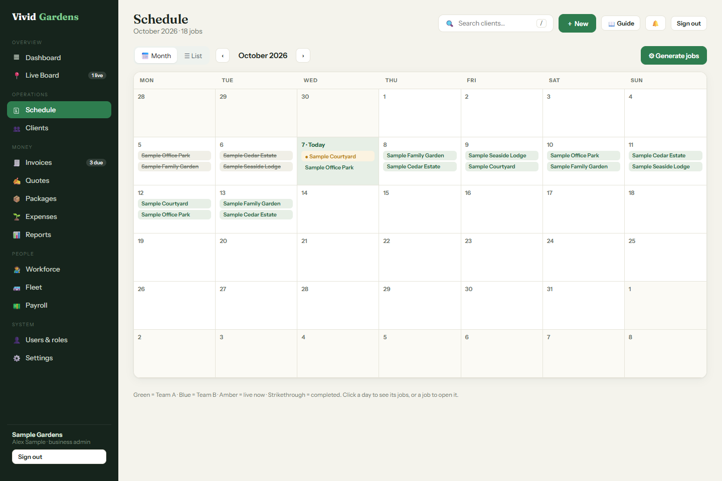 Recurring jobs in a monthly calendar in Vivid Gardens with sample data